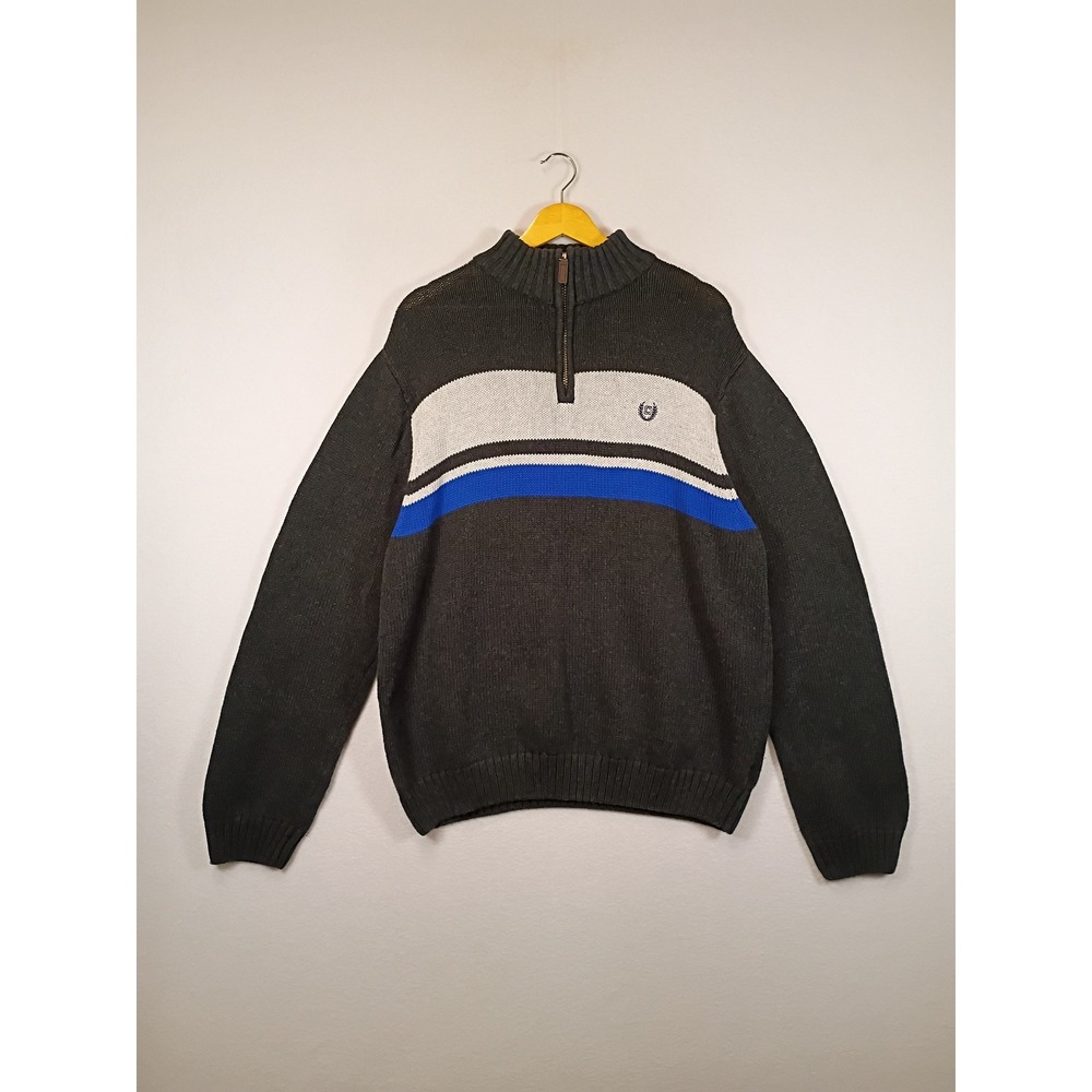 Preppy Chaps Mens XL Charcoal Grey Blue White Striped Quarter Zip Cotton Sweater
